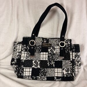 Donna Sharp Quilted Patchwork Handbag Black White Paisley Hot Pink Lining Retro
